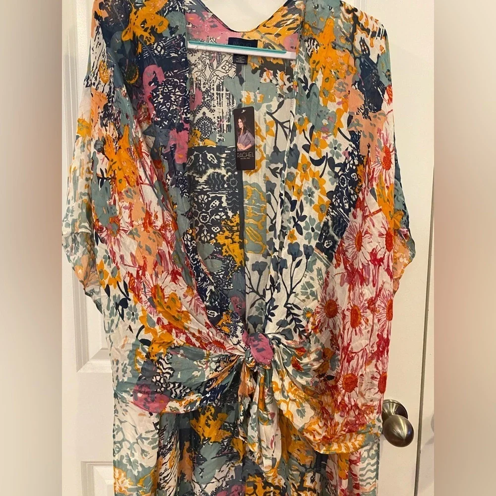 Rachel Roy Cover Up Kimono NWT Sz OS Sheer Floral Print Tie Front Or Wear Open